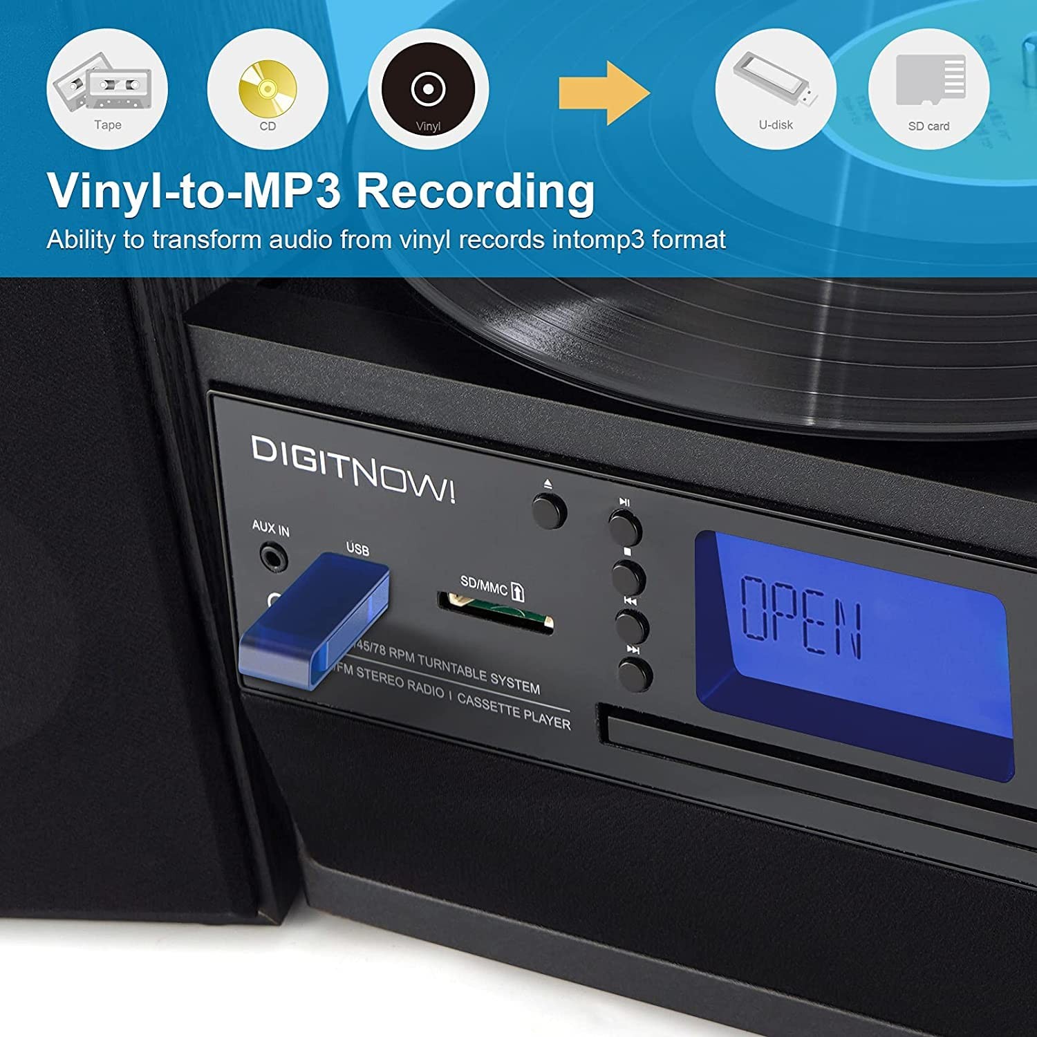 DIGITNOW Bluetooth Record Player Turntable with Black record player, Black-S