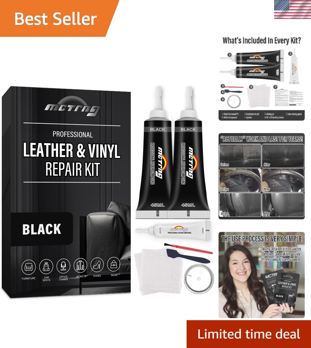 All-in-One Black Leather Repair Kit for Car Interiors & Furniture Restoration