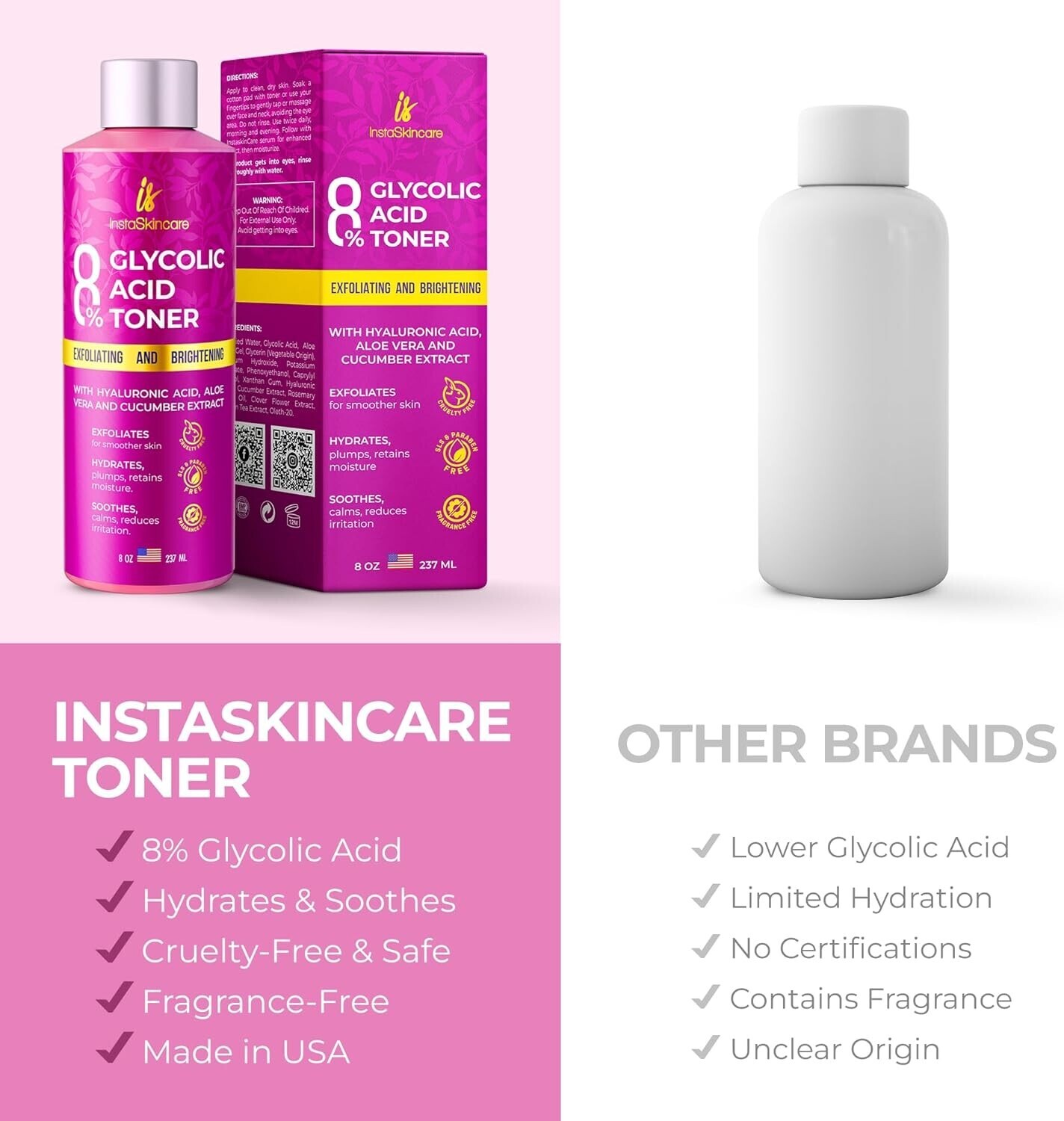 InstaSkincare Glycolic Acid 8% Toner for Face with Hyaluronic Acid 8 Oz