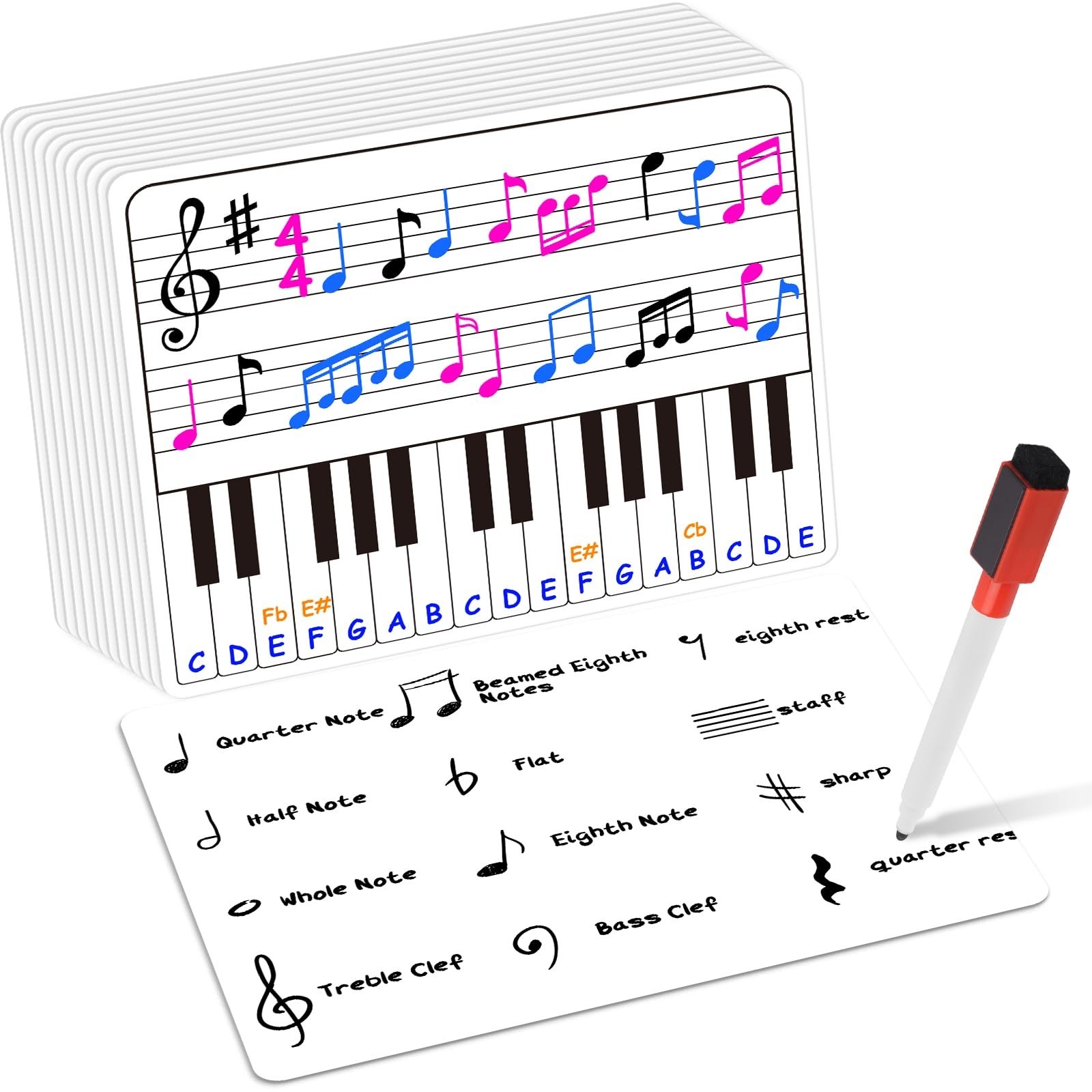 12 Pack Keyboard Practice Dry Erase Flash Card, 11”x14” Music Staff