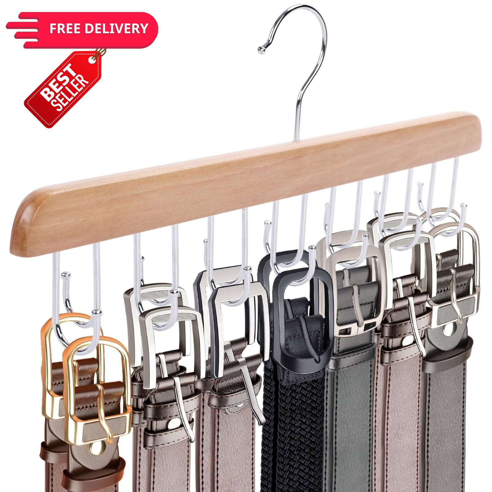 JOHOUSE Belt Organizer for Closet Max 42 Belts, Wooden Sports Bra Small, 1pcs