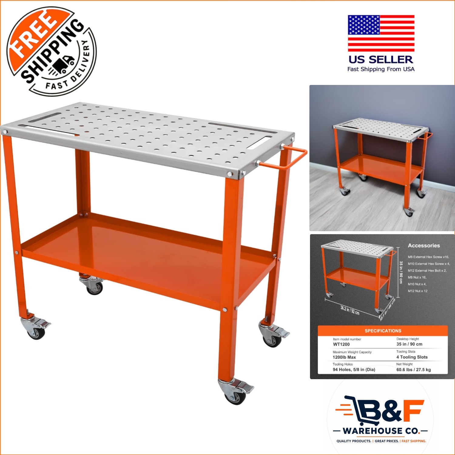 Sturdy Steel Welding Table on Wheels: 4 Tool Slots & 5/8-inch Fixture Holes