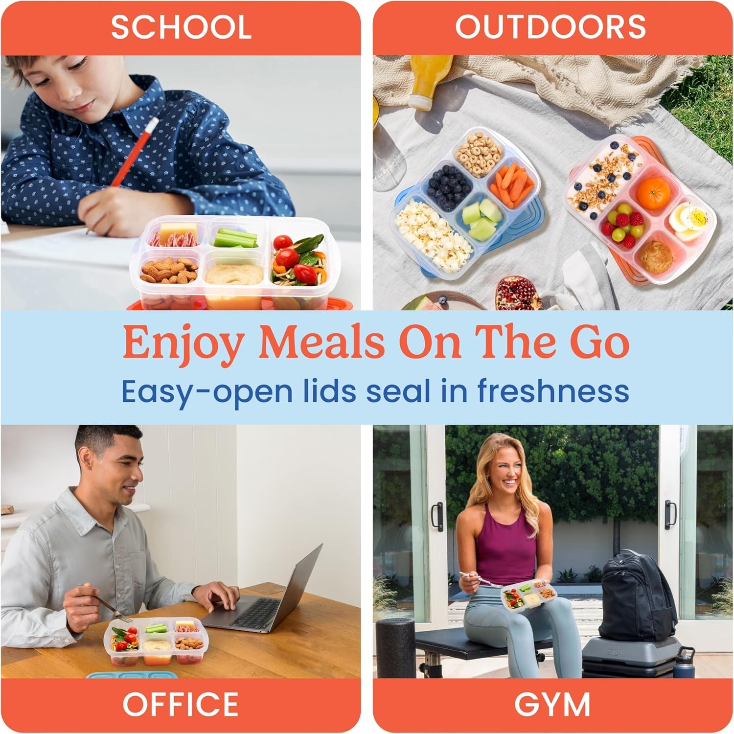 Reusable 5-Compartment Food Containers, Stackable 8-Piece Set, 4 Trays & 4 Lids
