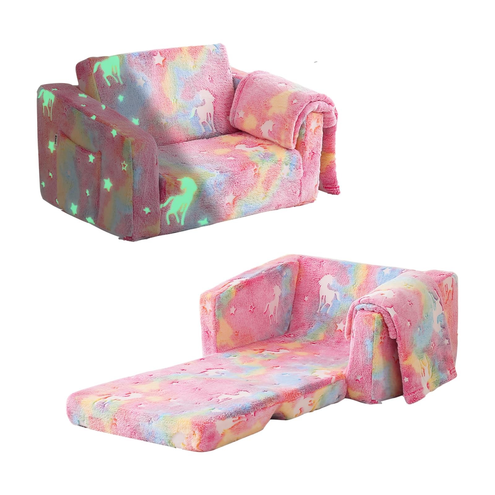 Toddler Couch Fold Out, Foldable Toddler Chair with Blanket, Flip Out Kids Co...