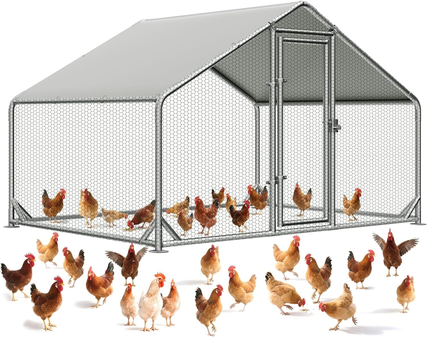 Large Metal Chicken Coop, Walk-in Chicken House, Outdoor Coop for 5-10 Chickens