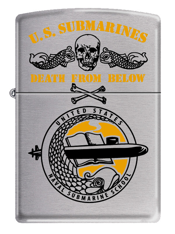 US Navy Submarine School  Zippo MIB "Death From Below" Brushed Chrome