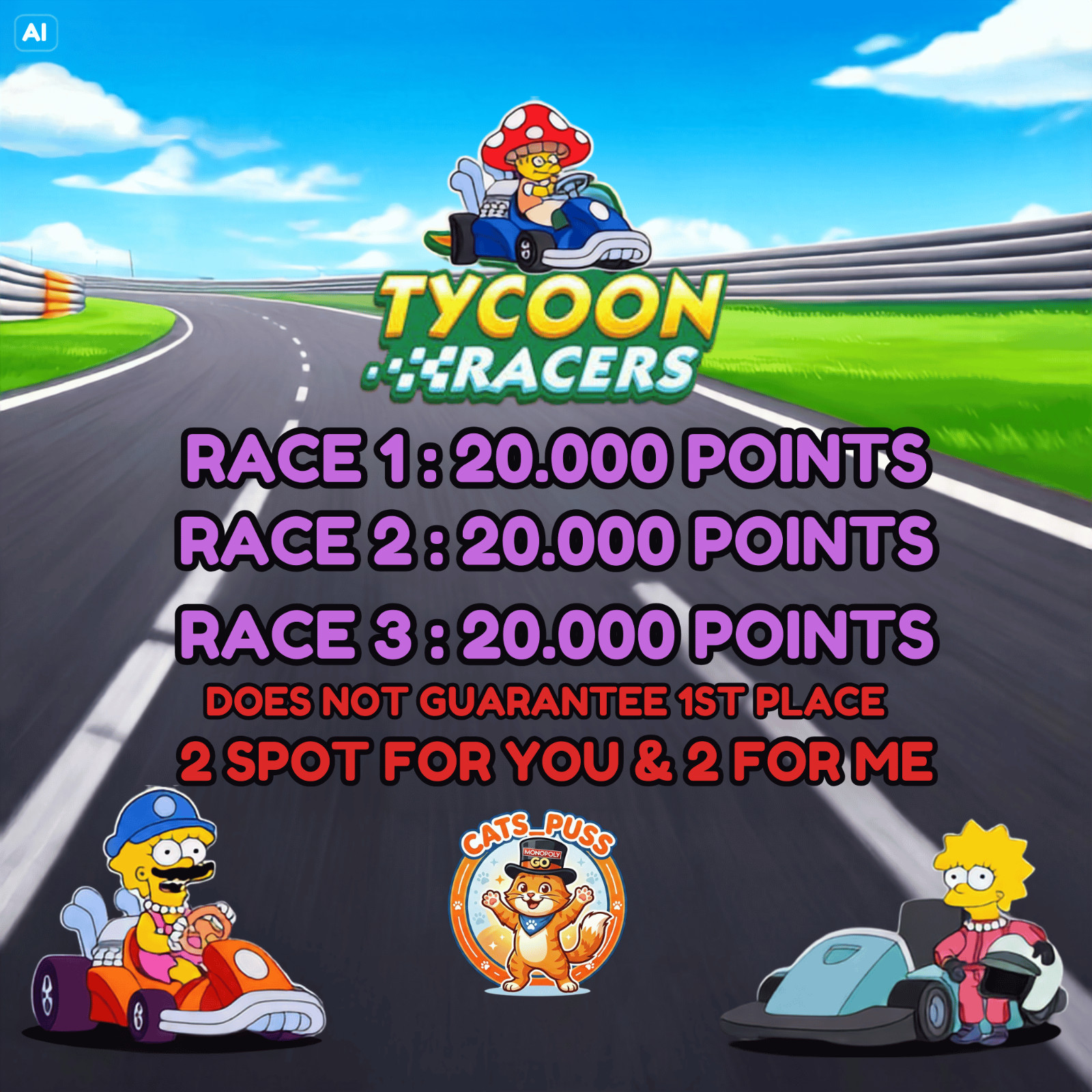 🔥 TYCOON RACERS MONOPOLY GO FULL CARRY 20.000 POINTS/RACE  (YOURS 2 & 2 MINE)