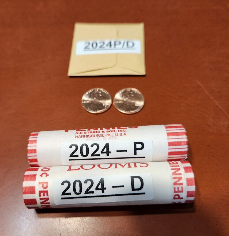 2024 2 rolls* 1 P 1 D Lincoln Penny Original Bank Wrapped Rolls* Shield Cent