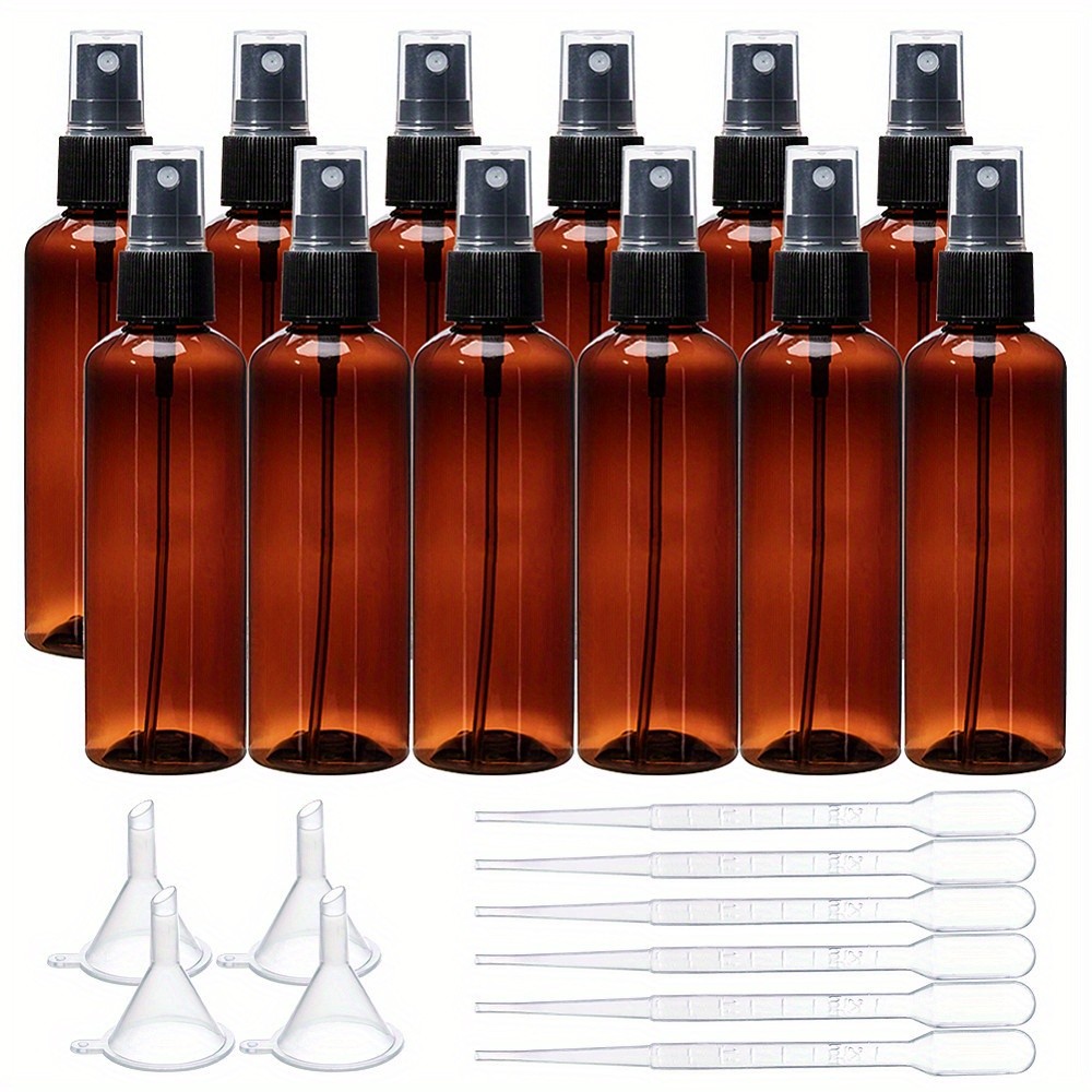 1set 12pcs 100ml Amber Brown Plastic Fine Mist Spray Bottle with Black Caps 4pcs