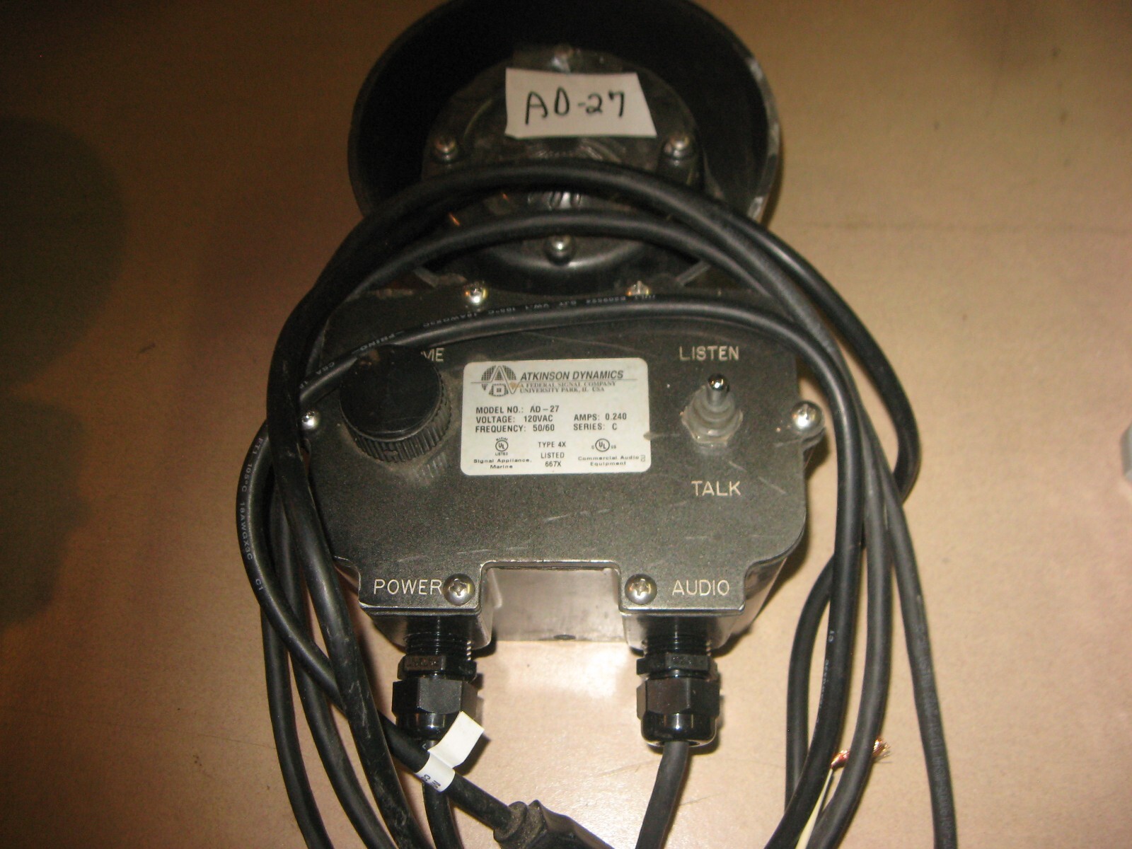ATKINSON DYNAMICS INDUSTRIAL INTERCOM  MODEL AD-27 SERIES 'C'