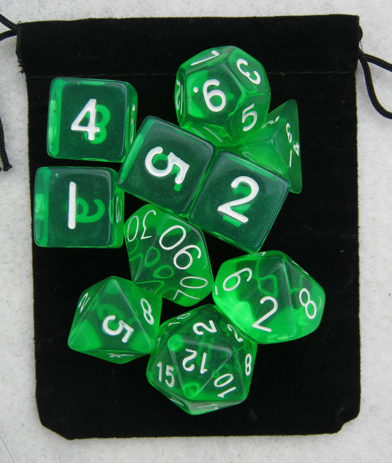 Translucent Green RPG Dice Set: 7 + 3d6 = 10 polyhedral die plus bag!