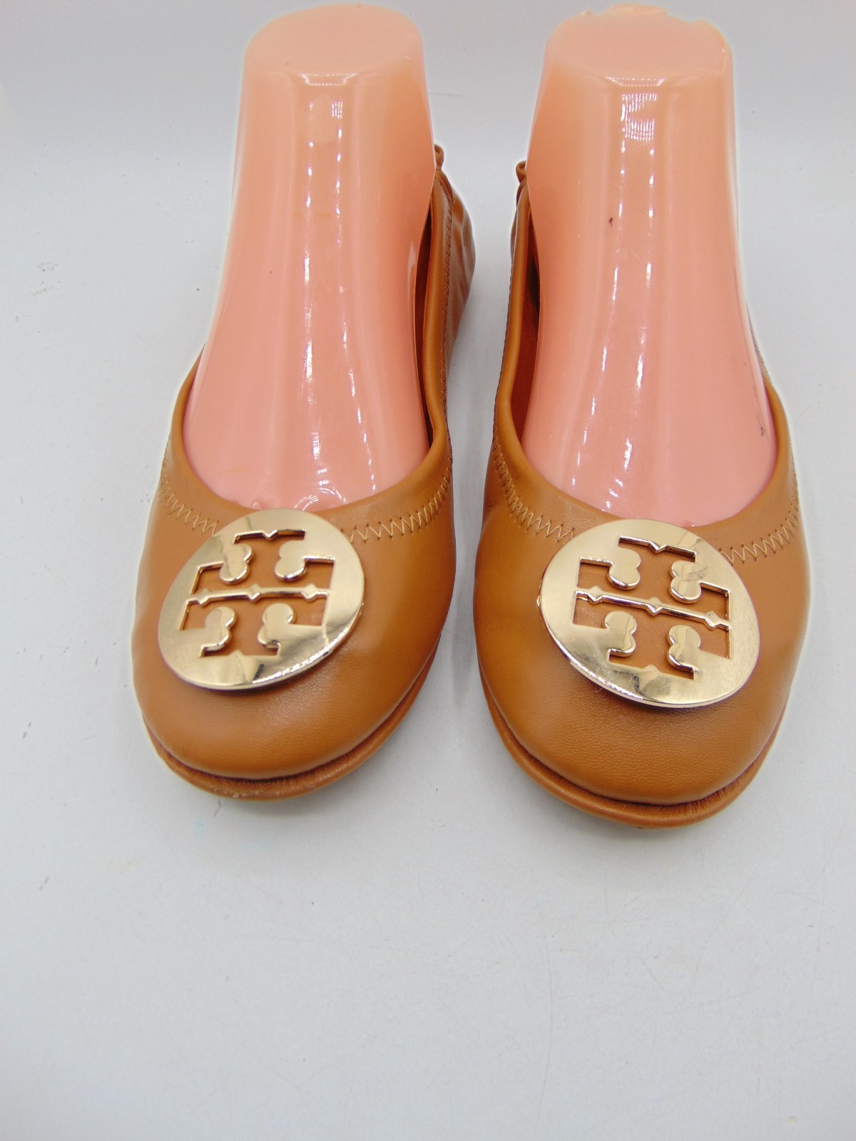 TORY BURCH Minnie Caramel Leather Ballet Flat Gold Logo Sz 9 M