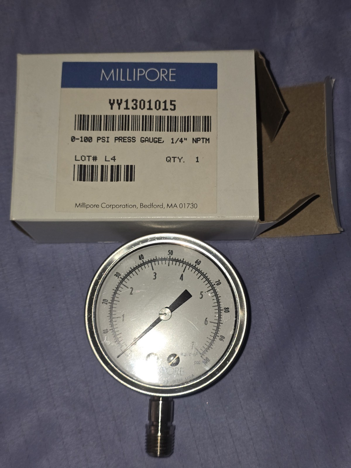 Millipore YY1301015 Pressure Gauge 0-100 PSI 1/4" NPTM 316 Stainless Steel...