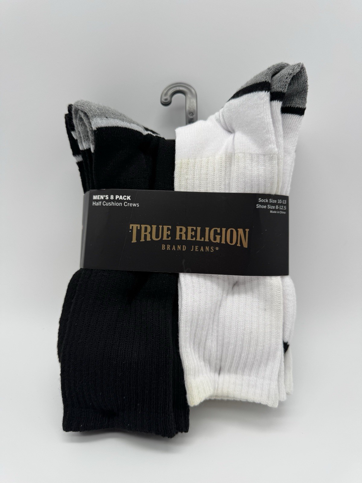 True Religion Men’s 8 pack Half cushion crew socks Large size 8-12.5 NEW w TAGS