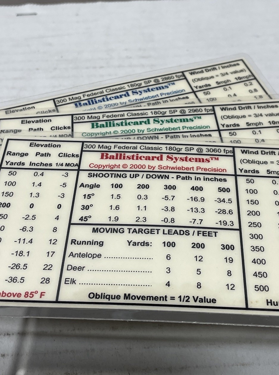 3x Schweibert Ballisticard 300 Mag Federal Classic 180gr 2860, 2960, 3060fps
