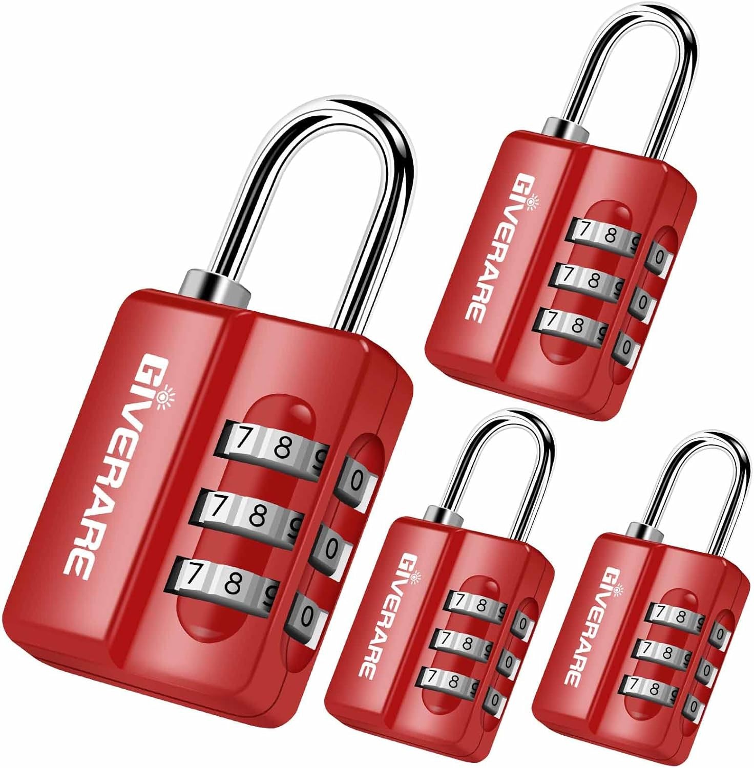 GIVERARE 4 Pack Combination Lock, 3-Digit Padlock Keyless, Small, Red