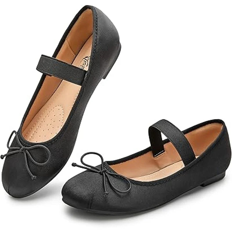 Trary Womens 6 Black Satin Elastic Strap Bow Slide On Closed Toe Ballet Flats