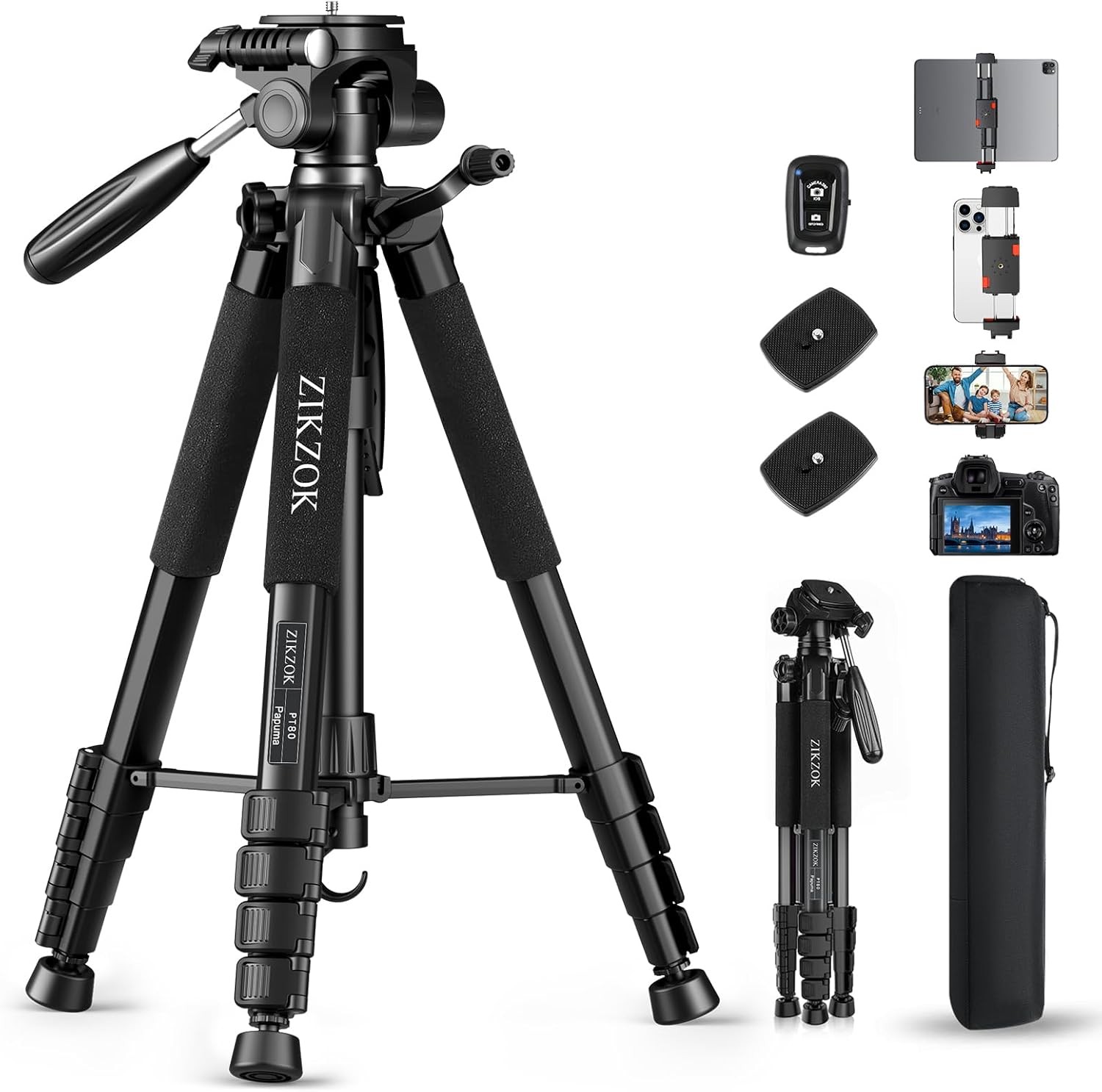 75" Heavy Duty Camera Tripod Stand - Max Load 15LB Travel Tripod for DSLR/Phone