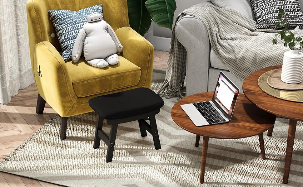 Black Foot Stool Ottoman Small Wooden Footrest Under Desk Living Room Use