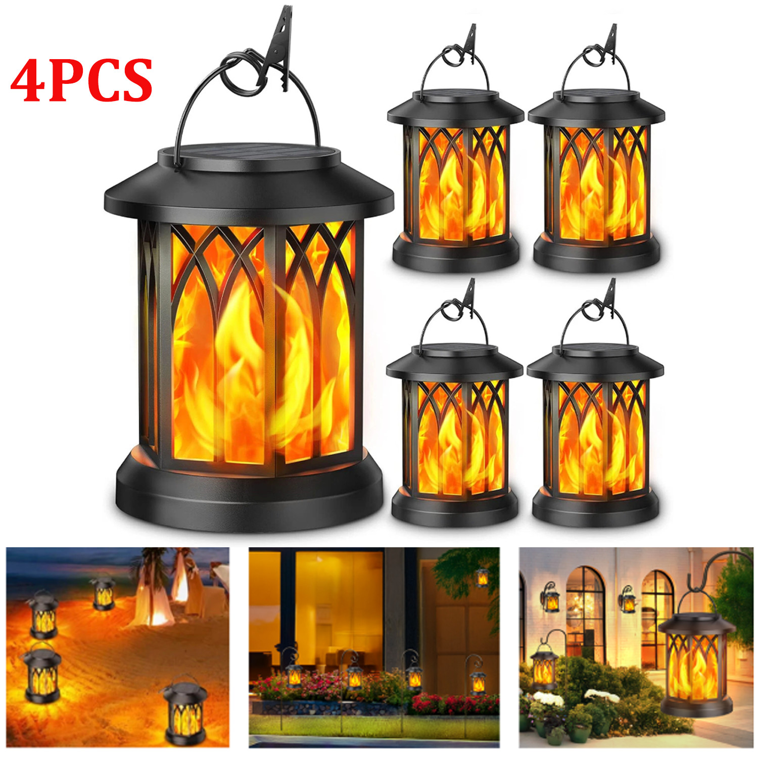 4 Pack Solar Hanging Lanterns Outdoor Flickering Flames Solar  for Garden Yard