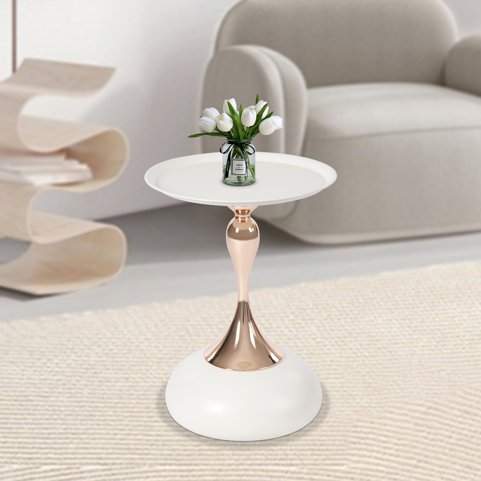 Small Round Side Table Tray Top Metal End Table For Living Rooms And Yards White
