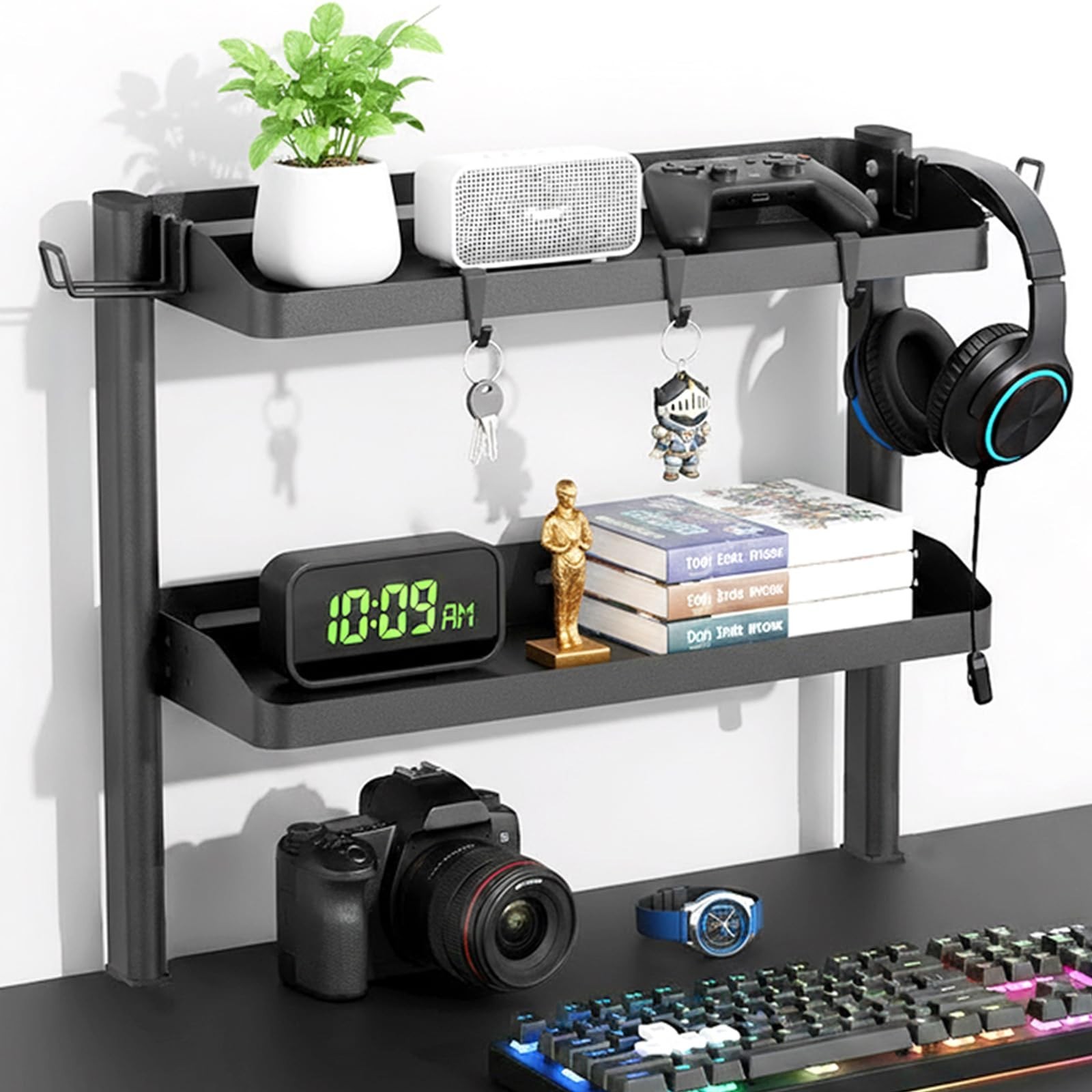 Clamp on Desk Shelf, 2-Tier Office Desk Shelves Organizer, 17in Small Shelf f...