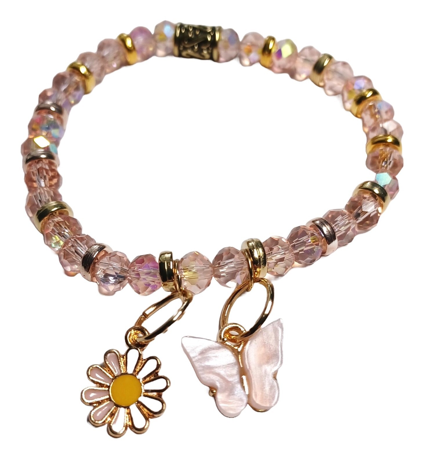 Butterfly Charm Pink Multi-Faceted Beaded Bracelet