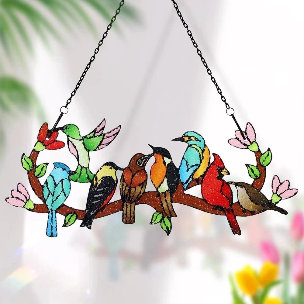 Huray Rayho Birds on Branch Stained Glass Suncatcher Cardinal Hummingbird