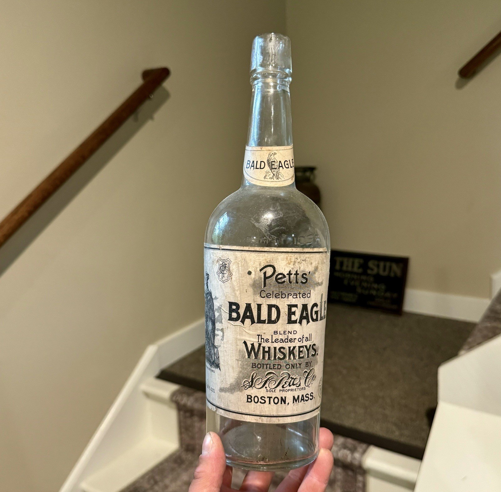 Petts’ Bald Eagle Whiskey Boston MA Rare Labeled & Emb Pre Pro Bottle 1910s Era