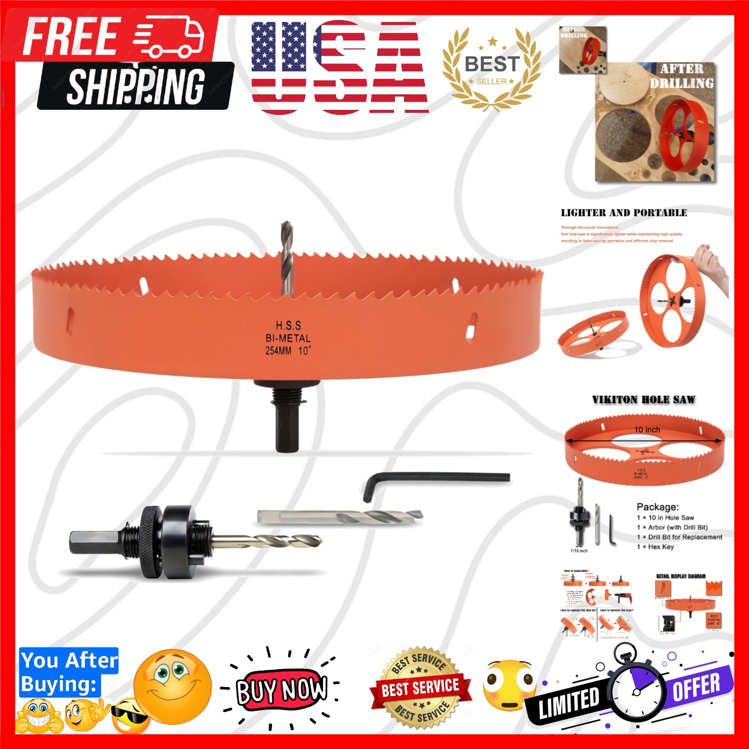 10 Inch Hole Saw with Arbor for Metal Wood Plastic, 10 in Bi-Metal Hole Cutte...