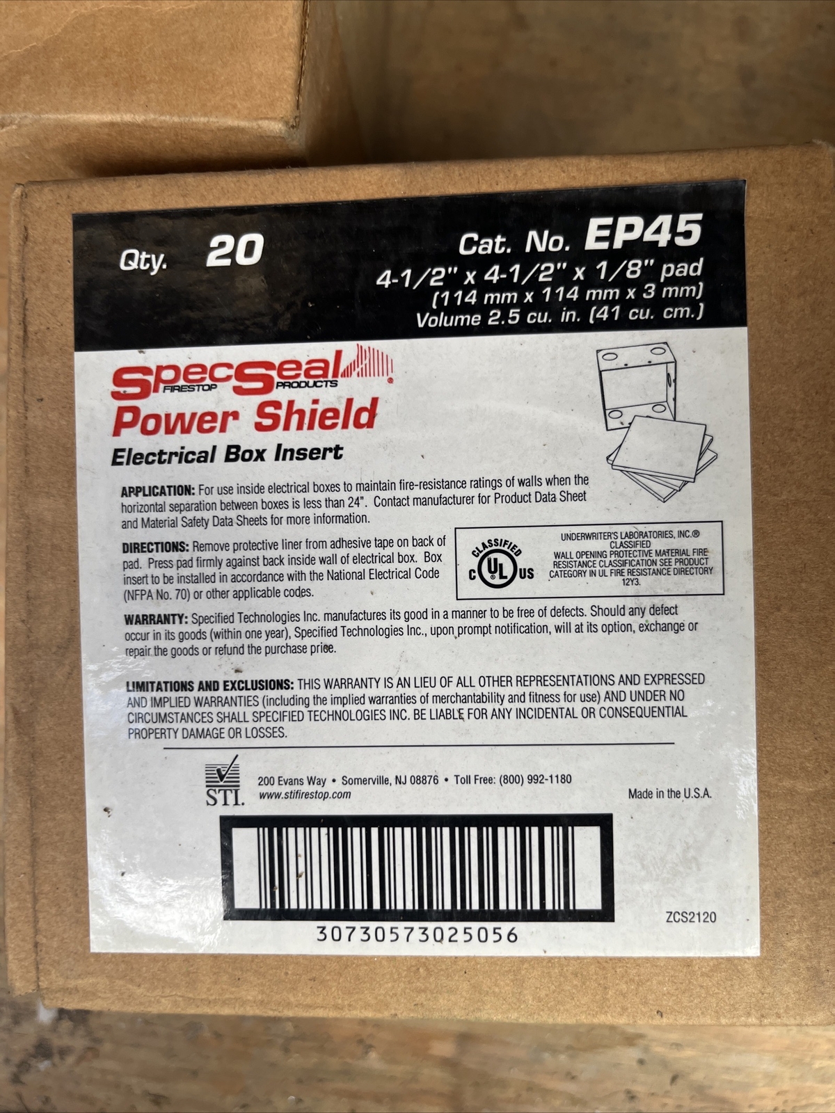 SPECSEAL EP45 POWER SHIELD ELECTRICAL BOX INSERT FIRE  PAD Box Of 20 ( ep44 )