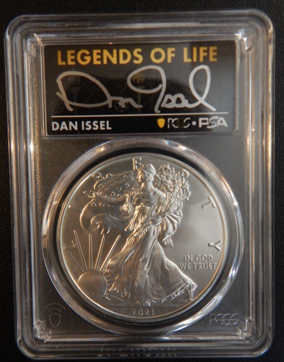 2021  Silver Eagle Dan Issel Last Day Production PCGS MS70 Legend Life Dan Issel