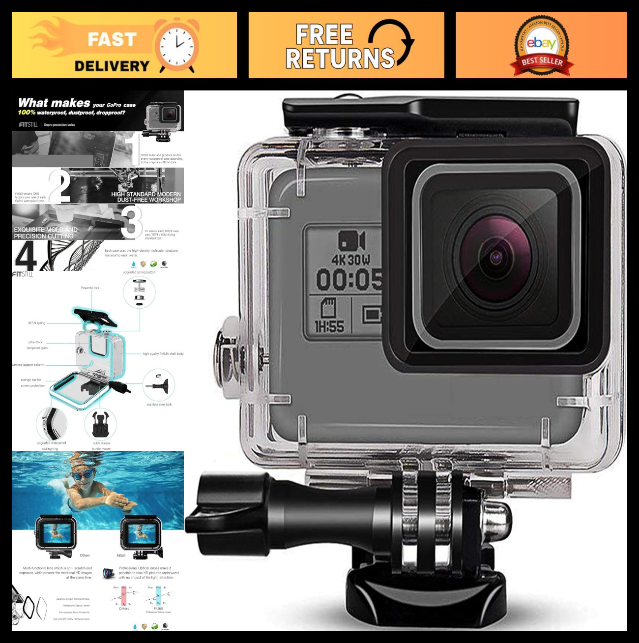 Waterproof Dive Case for GoPro Hero 2018/7/6/5 Black - 148FT Underwater Shell &