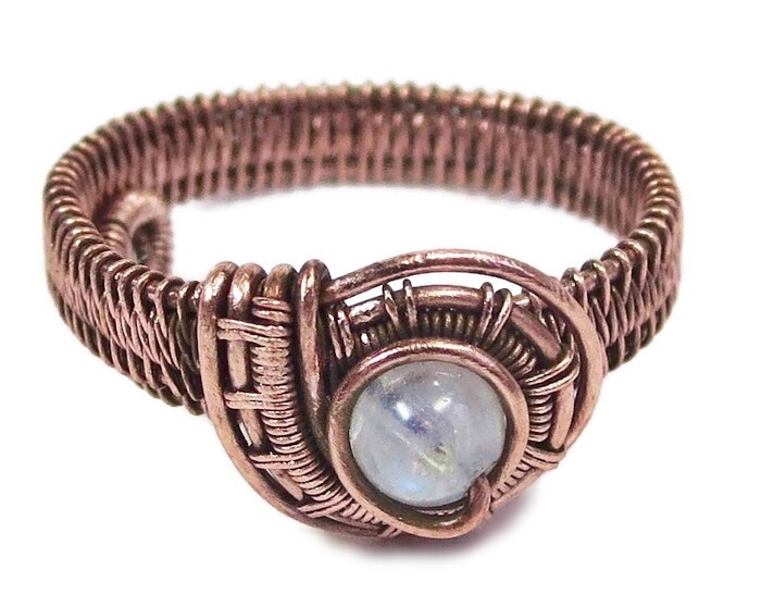 Moonstone Adjustable Ring, Woven in Copper Wire