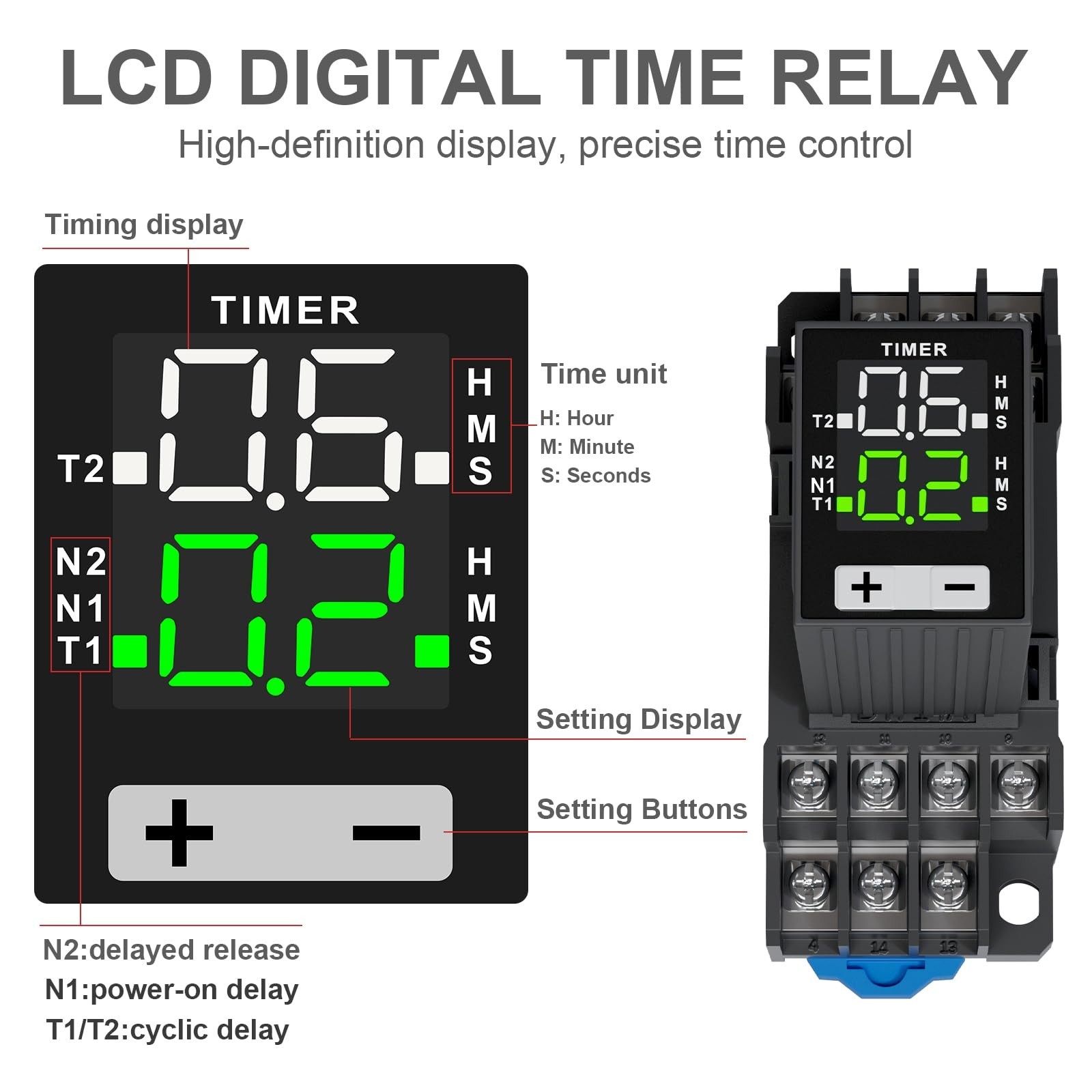 LCD Digital Display Time Relay, Time Control Delayer | Dual Time with Plug-in...