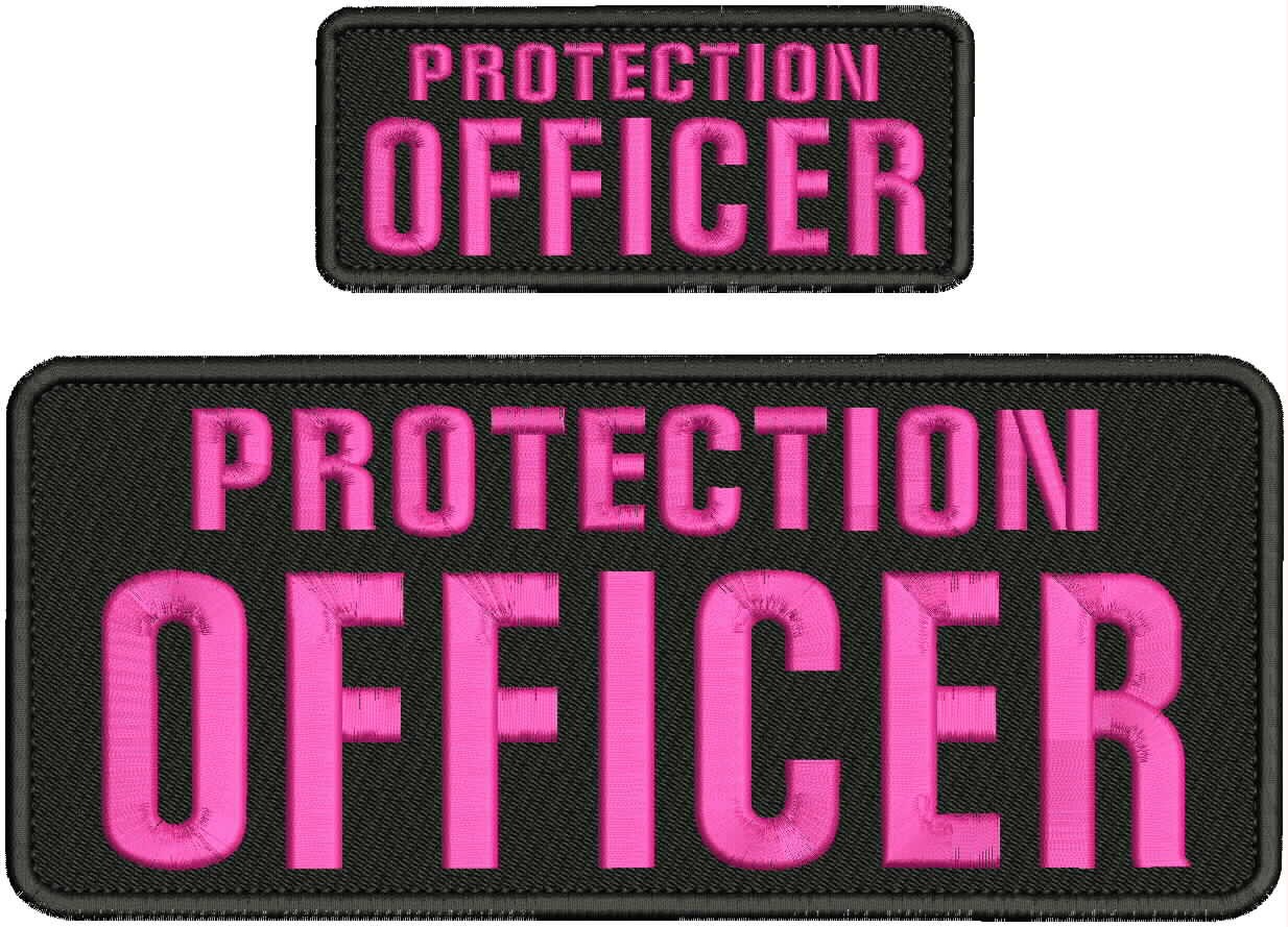 Collectible 2 Embroidery Patch Protection Officer 4x10 &2x5 Pink on black