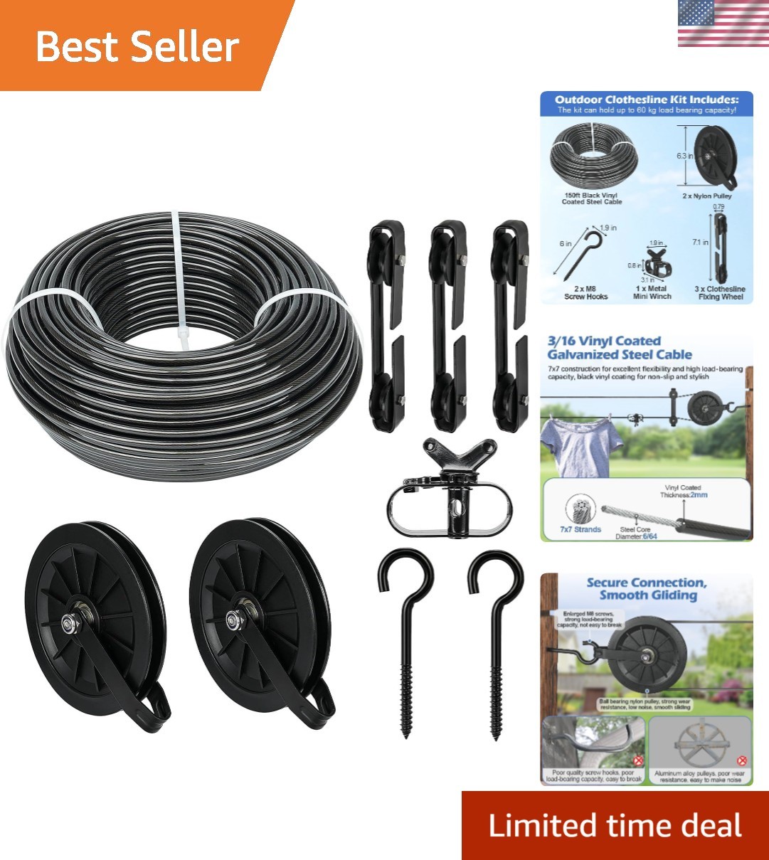 Outdoor Clothesline Kit 150ft Heavy Duty Galvanized Steel Pulley Set