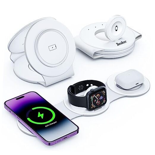 3 in 1 Wireless Charging Station for iPhone 15, Magnetic Foldable Travel White
