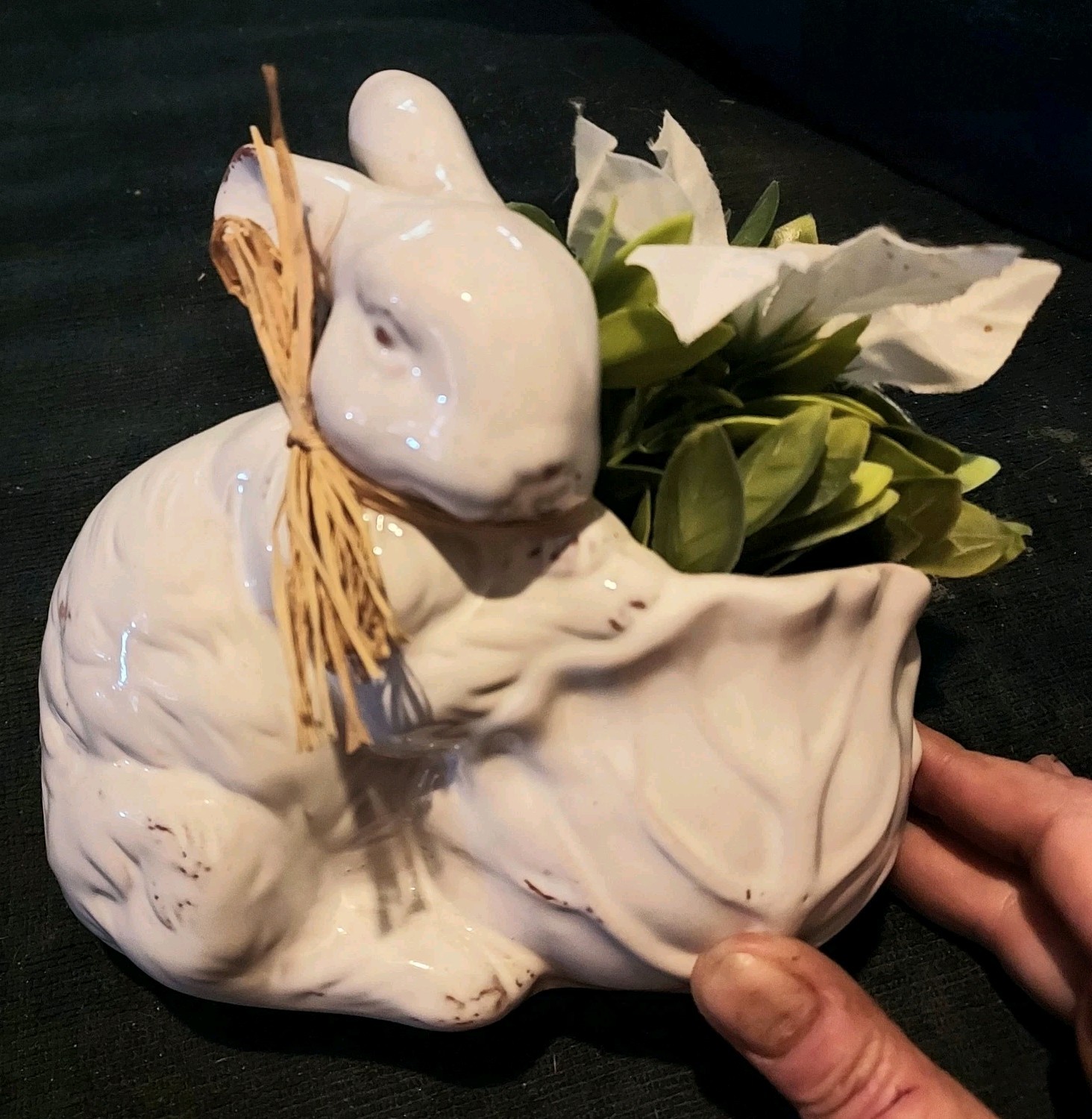 Vintage Rabbit & Cabbage Planter Vase Flower Pot, White Bunny Ceramic Pottery 7"