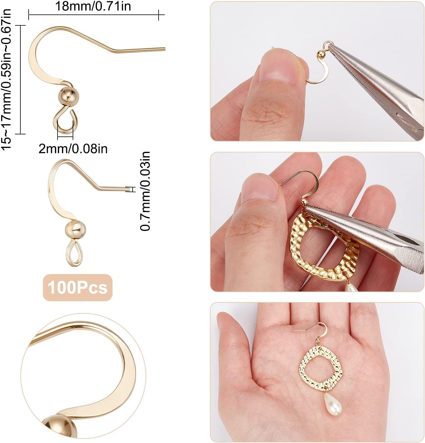 100Pcs 18K Gold Plated French Earring Hooks Fish Hook Earrings Stainless