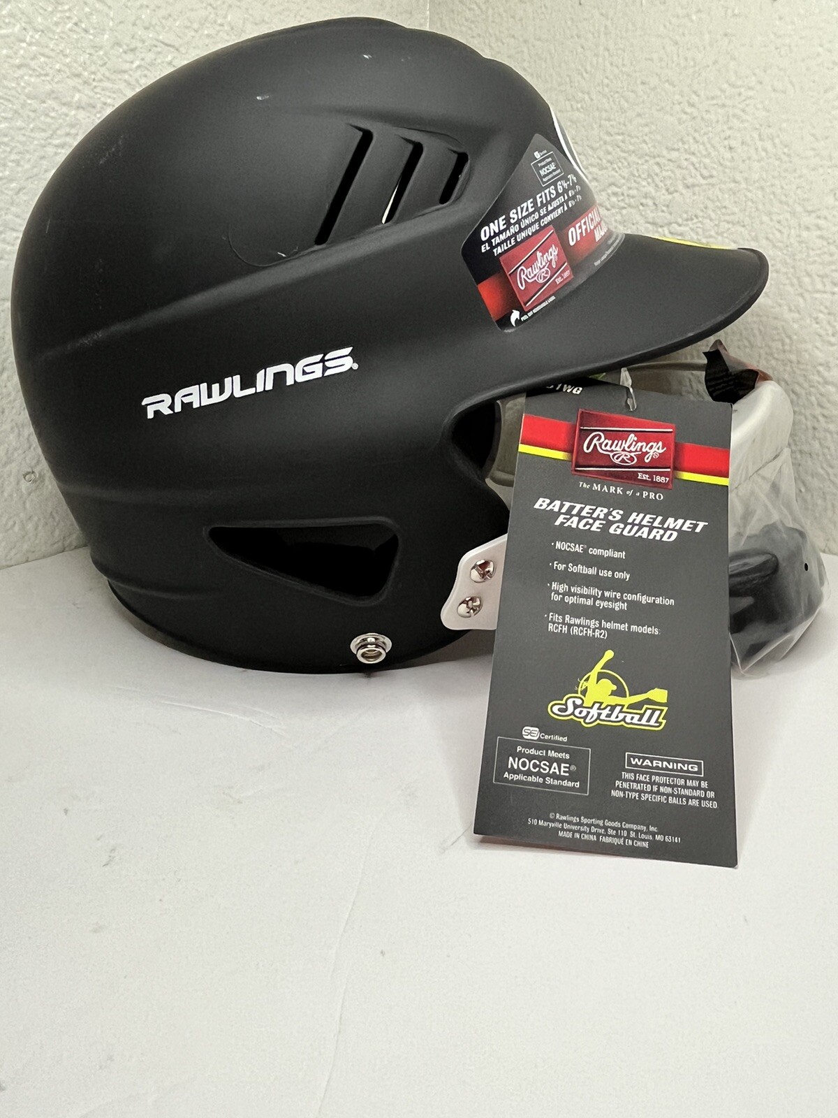 RAWLINGS Softball Batting Helmet w/ Face Guard Matte Black 6  1/2 - 7  1/2 New