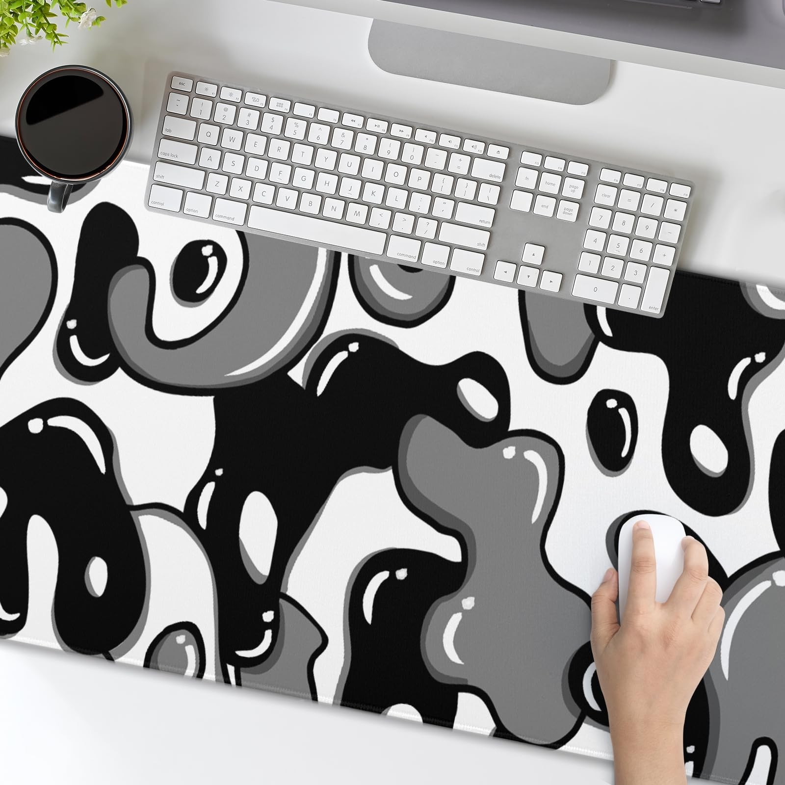Black White Geometric Japanese Mouse Pad Desk Mat 35.4" x 15.7" Abstract Exte...