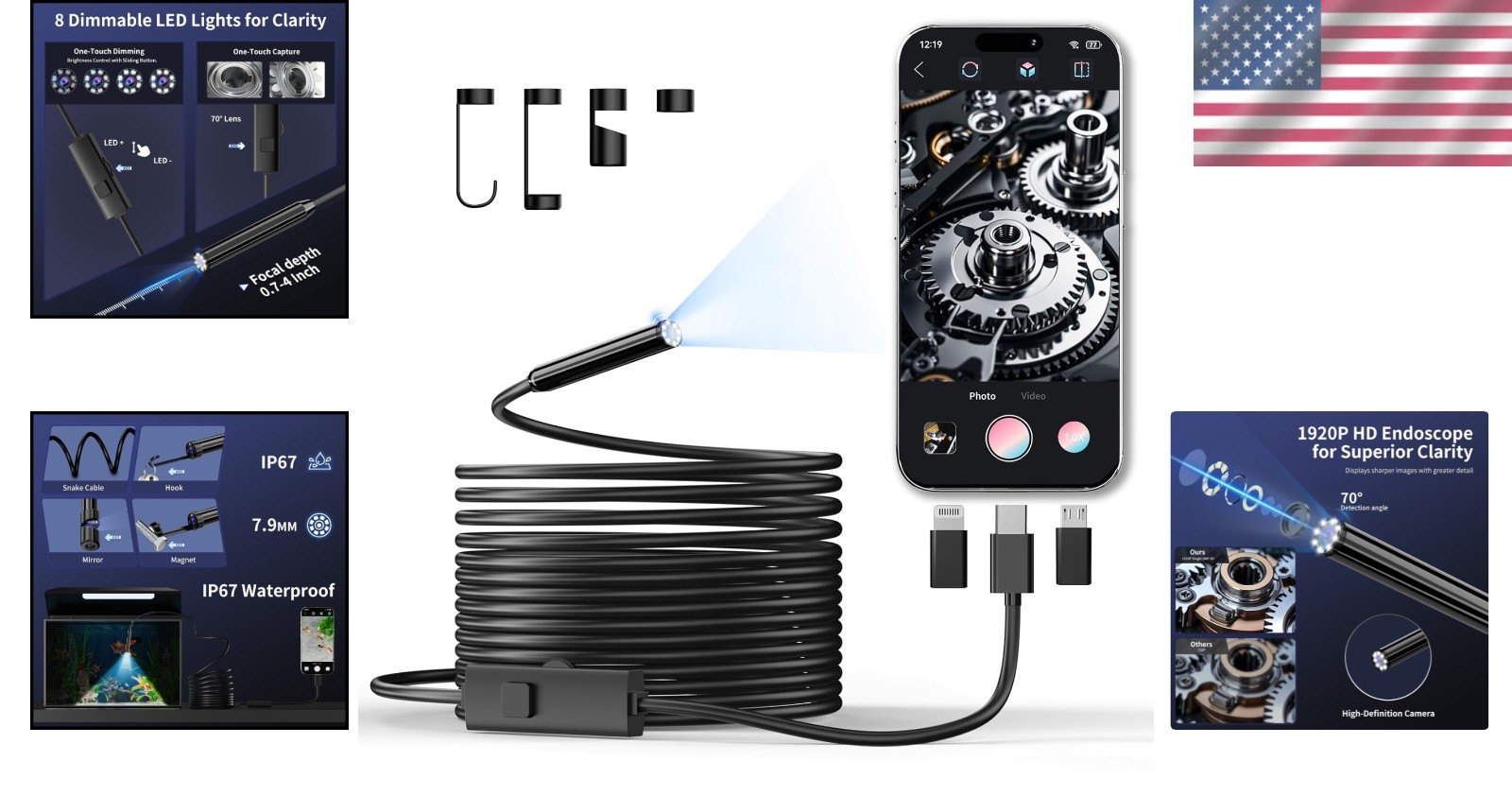 Reliable 1920P HD Endoscope Camera - 16.4ft Borescope, 8 LEDs, Easy Connect