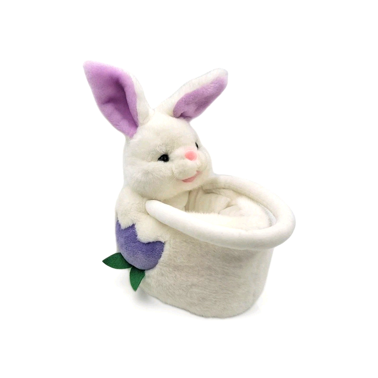 Plush Bunny Easter Basket White Plush Fabric With Handle Purple Tulip