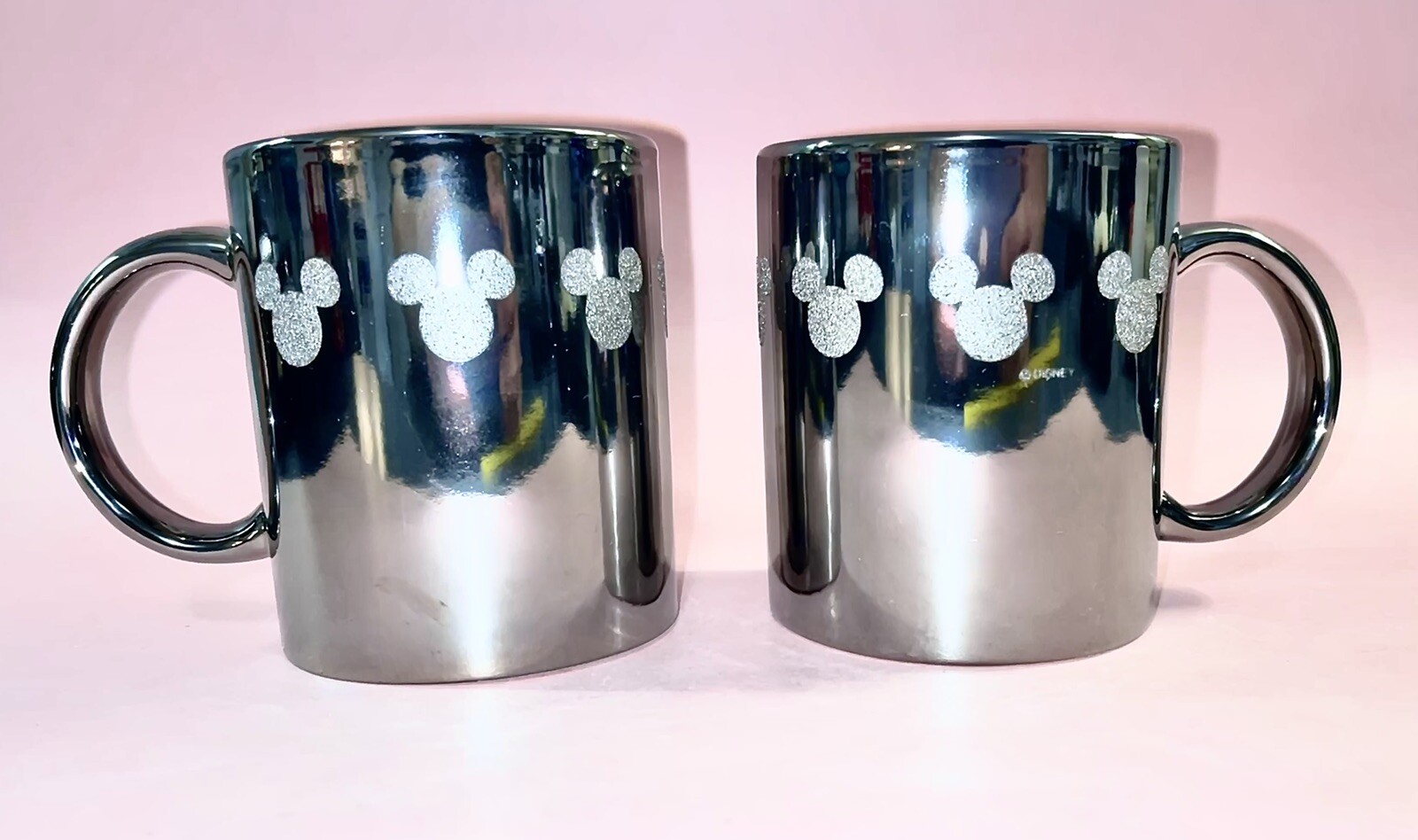 Set of 2 DISNEY Metallic Silver MICKEY MOUSE textured Ears Coffee Mugs