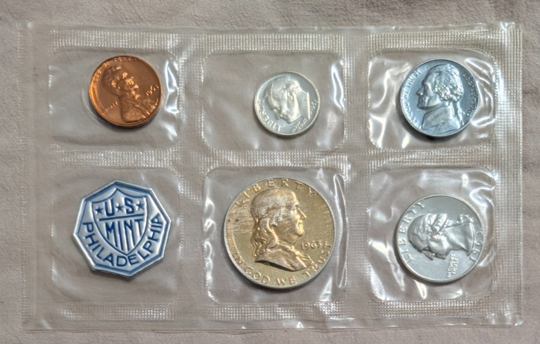 1963 US Mint Proof Set Orange Toned Silver Half Dollar Steel Blue Nickel NiceSet
