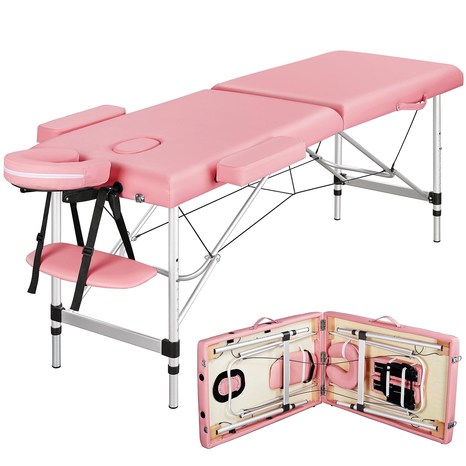 Portable Massage Table - Tilt Backrest Aluminum Legs with Carrying Case - Pink