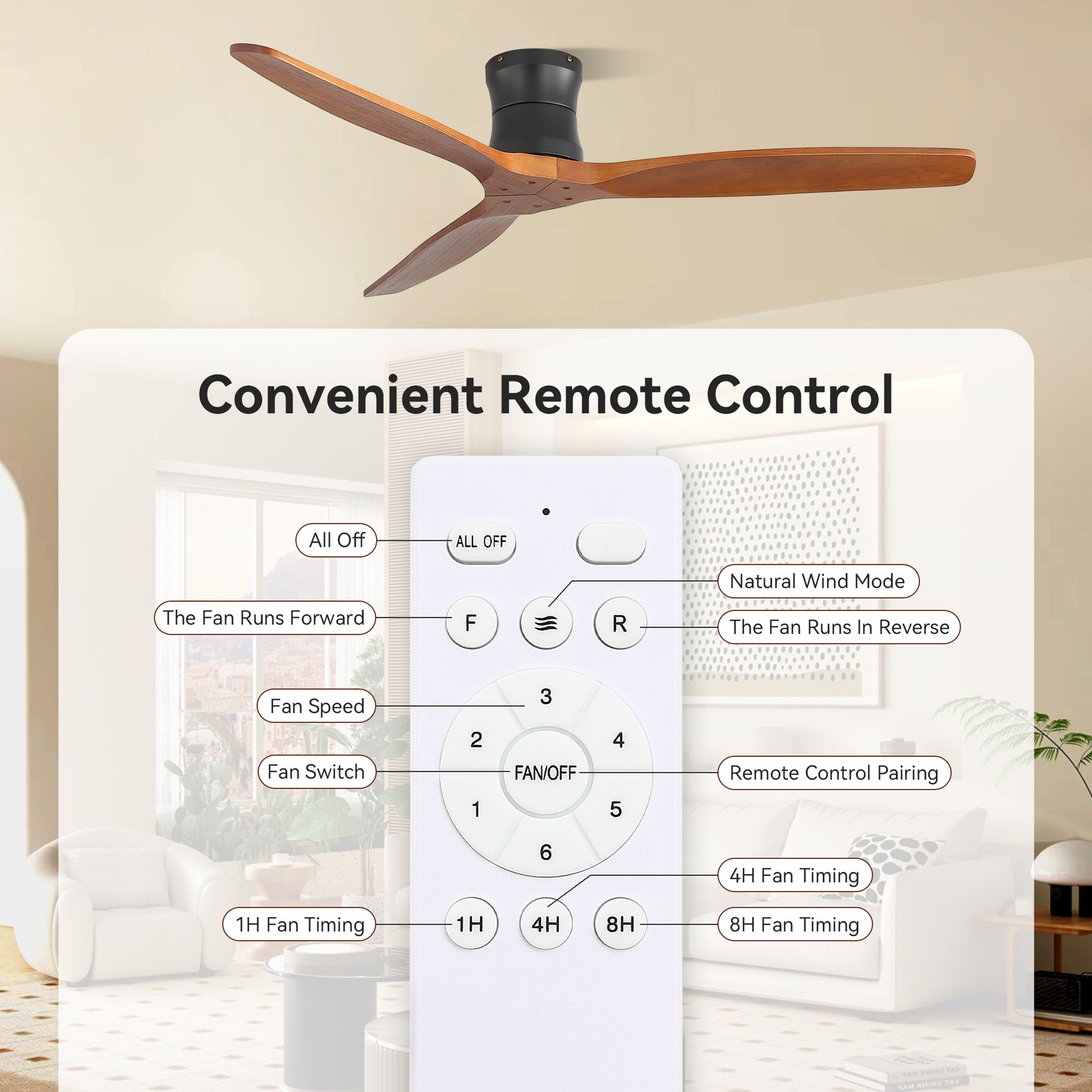 Outdoor Solid Wood Low Profile Flush Mount Ceiling Fan No Light Reversible DC