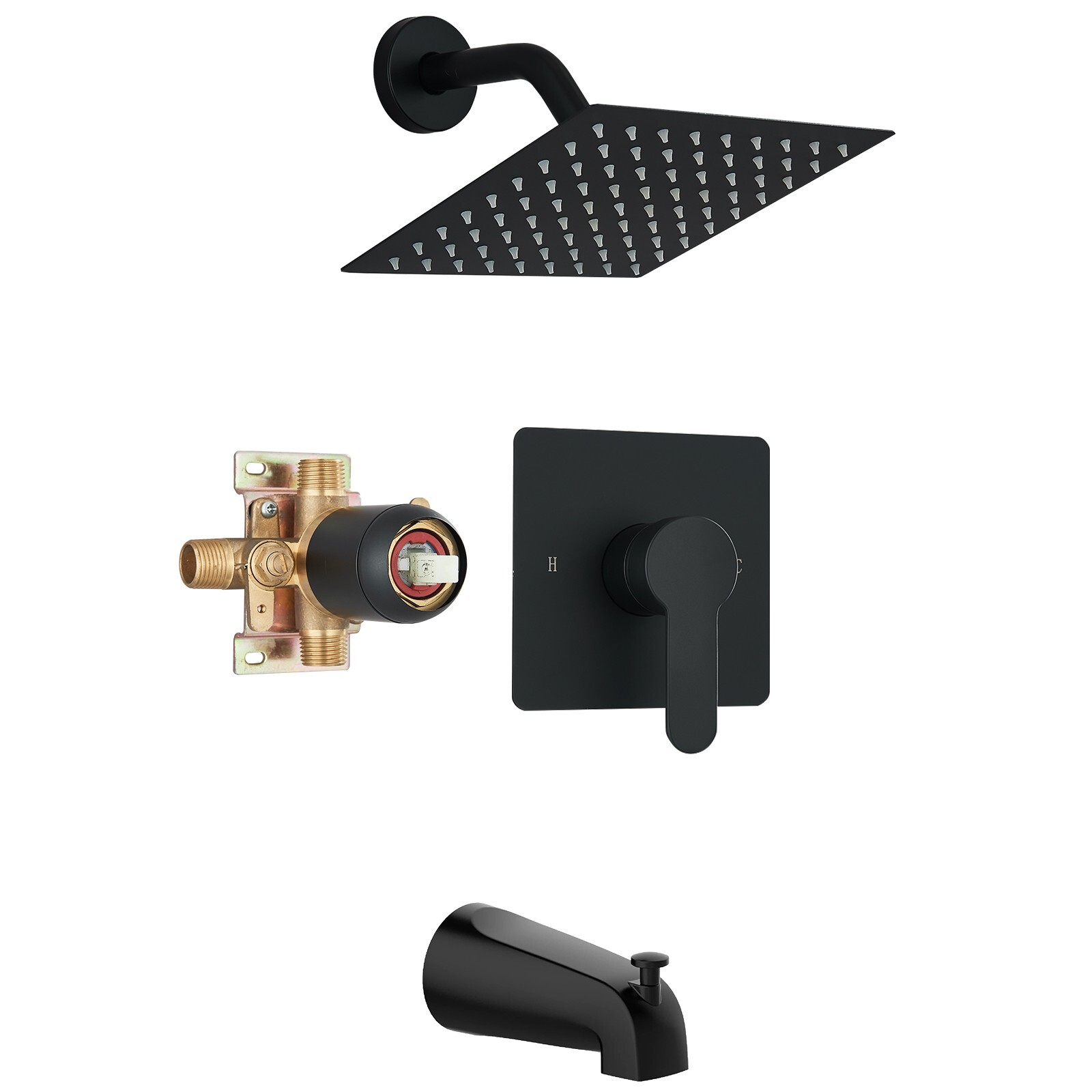 Black Tub Shower Faucet Set Valve Included with 8"Rain Shower Head and Tub Spout