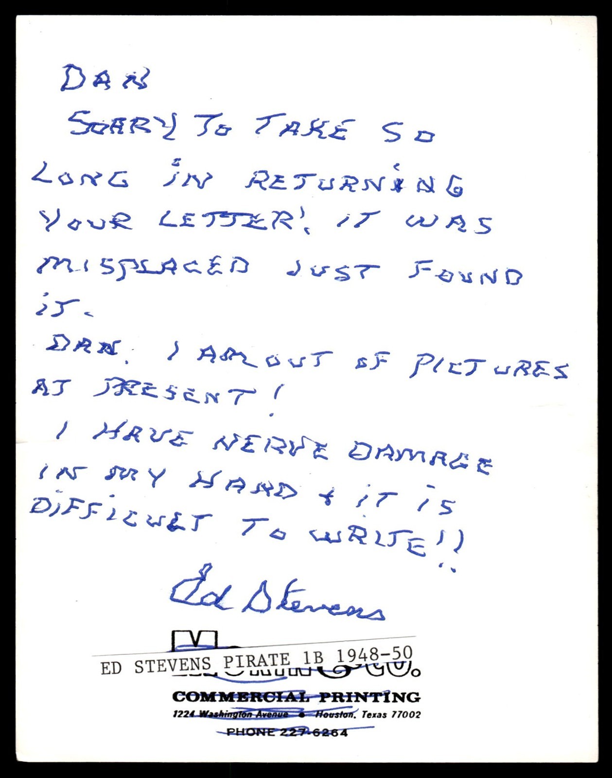 Ed Stevens Pirates Baseball Signed Note Auto JSA Pre-Cert *X1261